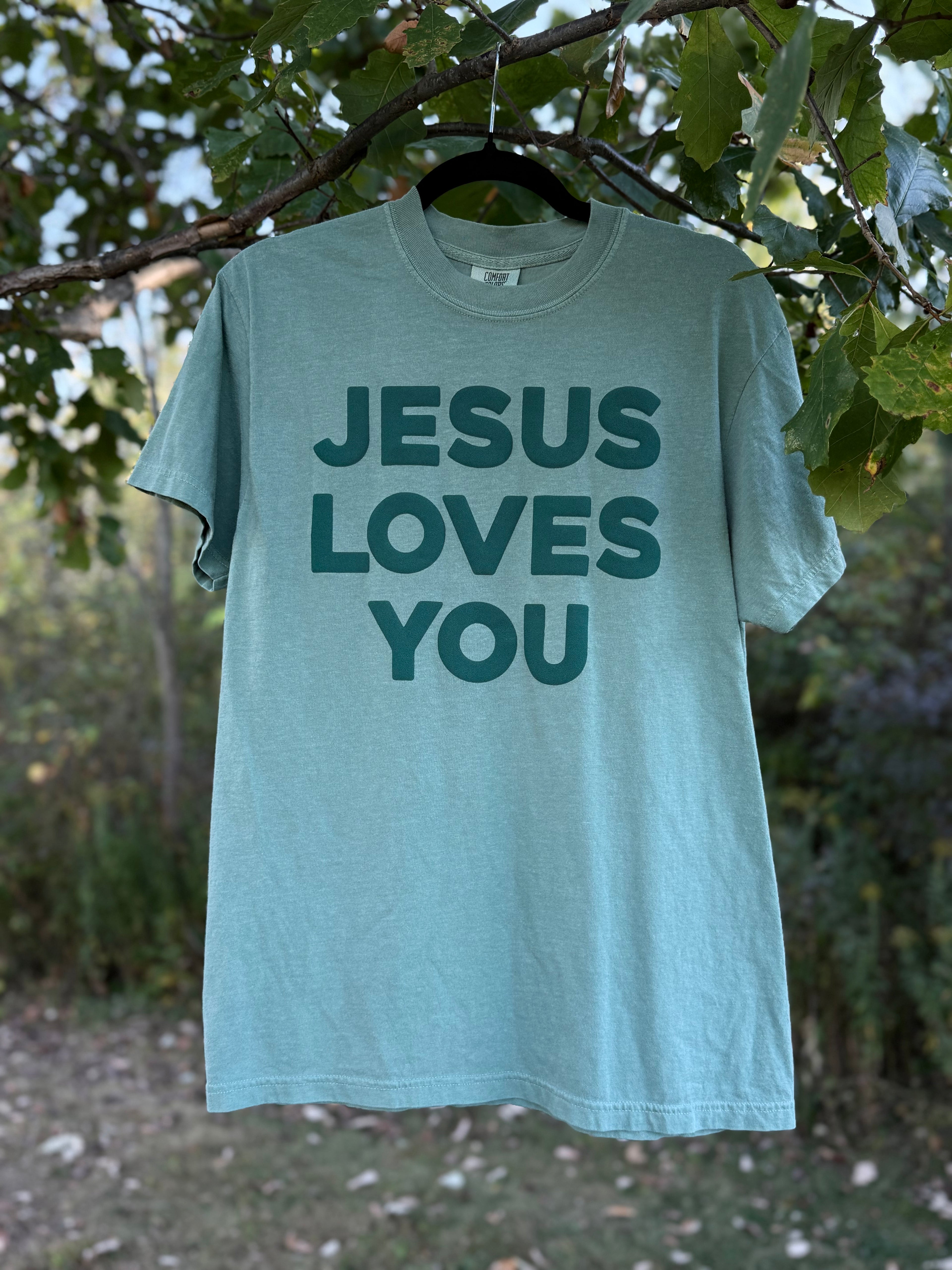 JESUS LOVES YOU Emerald Green Puff Print Tee