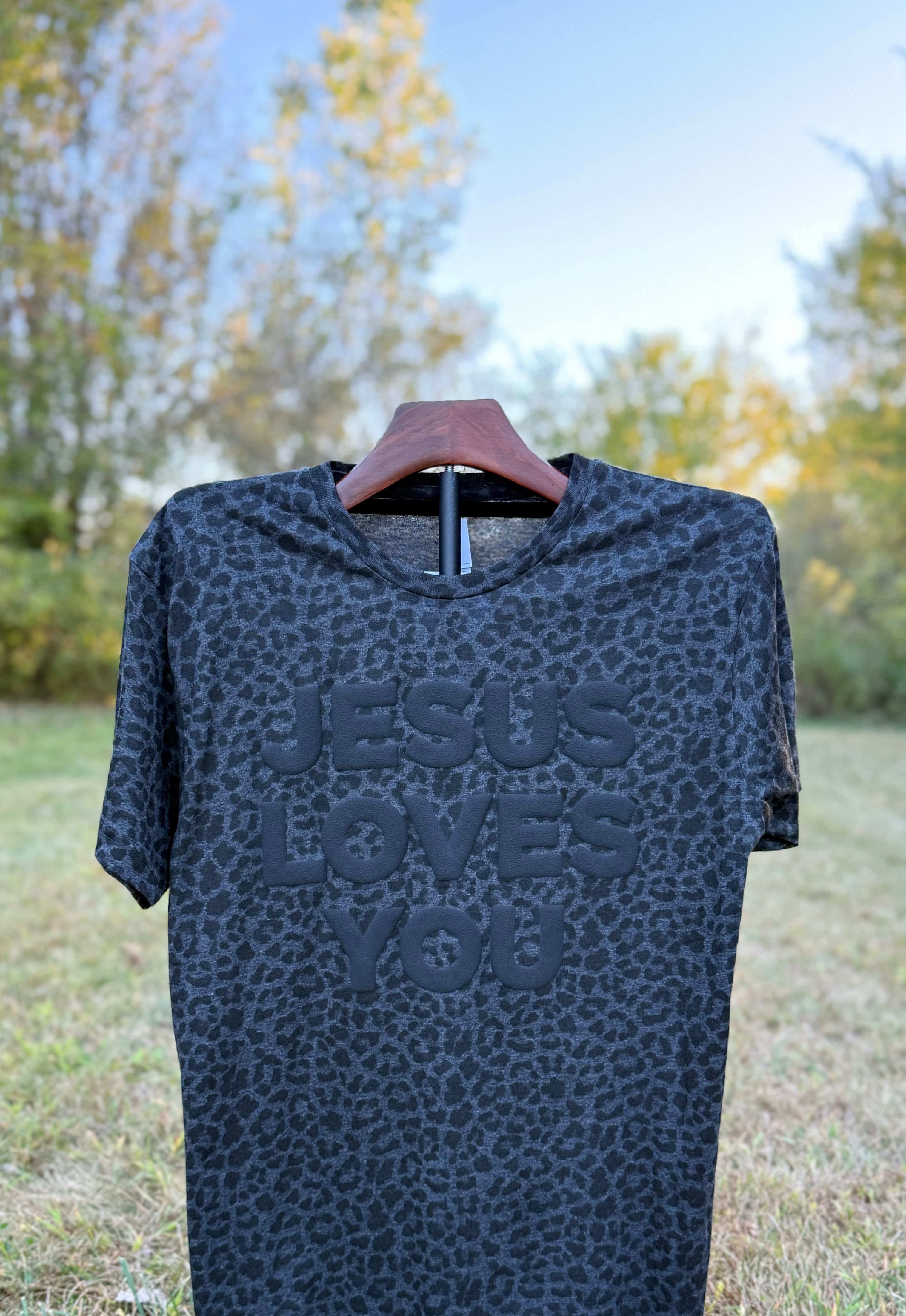 JESUS LOVES YOU Black Leopard Puff Print Tee